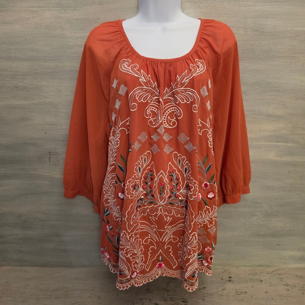 Soft Surroundings Peachy Floral Nature Inspired Embroidered Blouse Size 2X GC